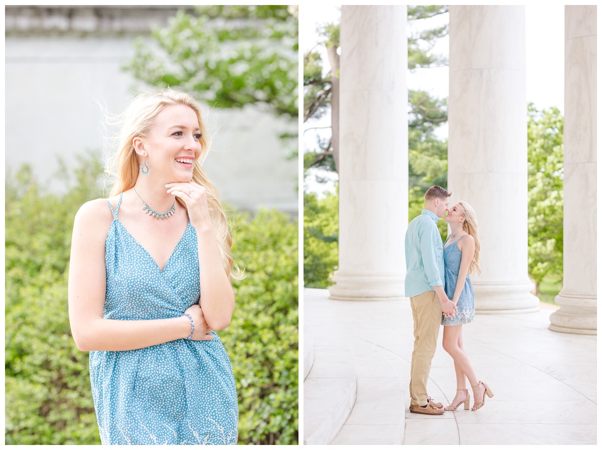 left image is girl with hand under chin laughing to her right, right image is couple holding hands in jefferson memorial