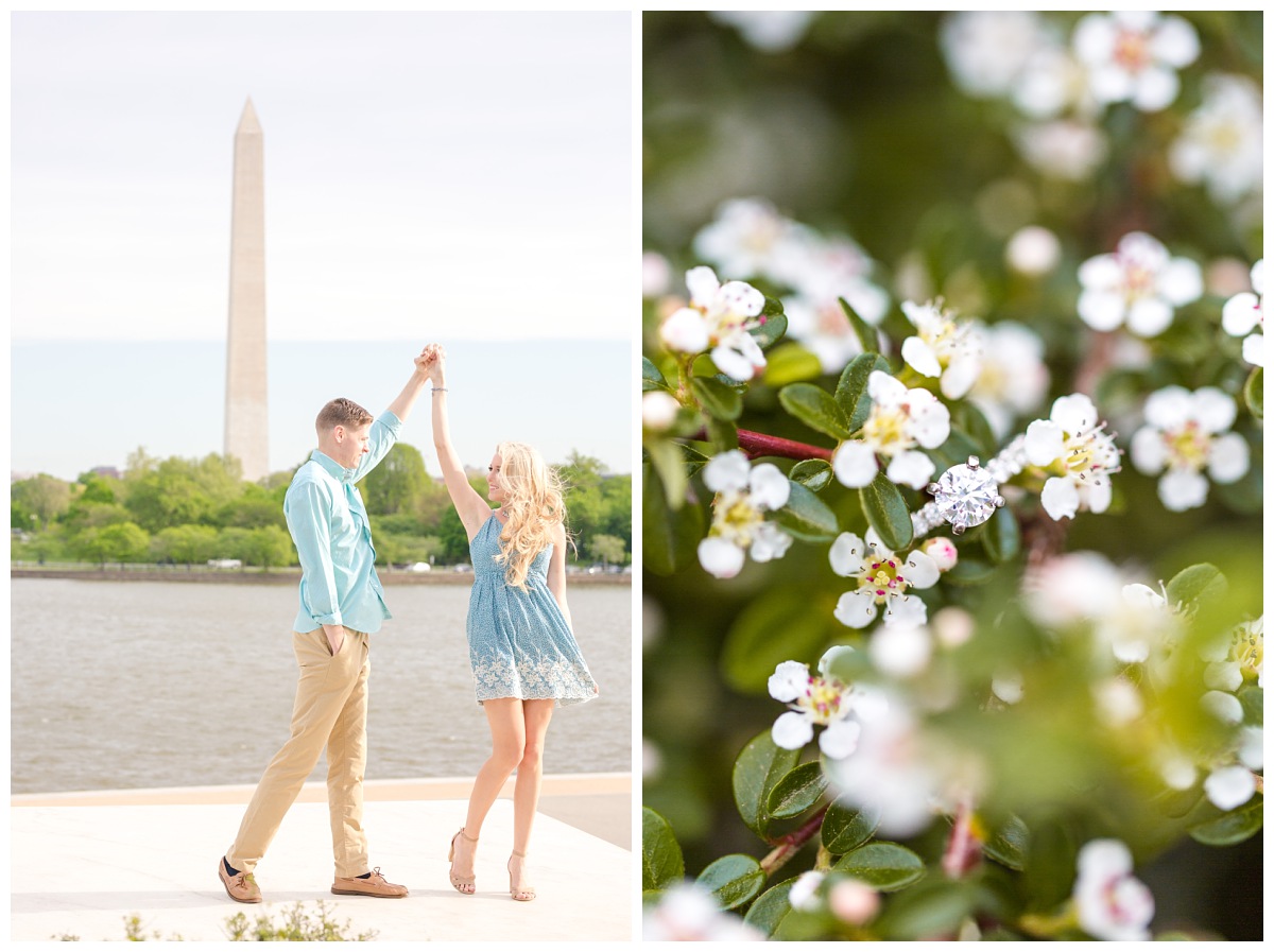 left image: couple in front of washington monument, girl is twirling dress while guy holds her hand, right image: solitaire diamond ring in white and green flowers 
