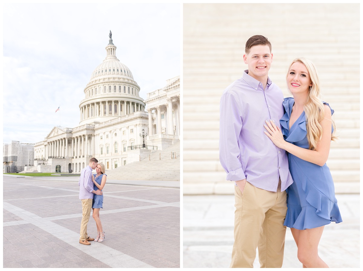 left image: wide shot of couple nuzzling in front of capitol, right image: couple looking at and smiling at camera 