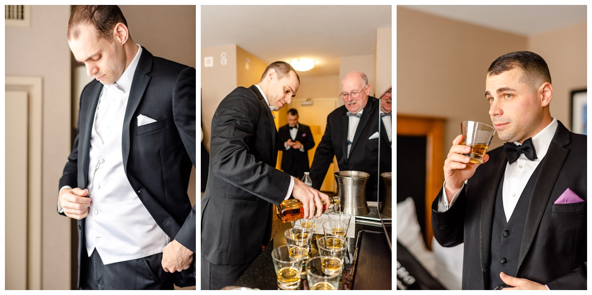 groom getting ready, pouring shots of whiskey, groomsman drinking whiskey