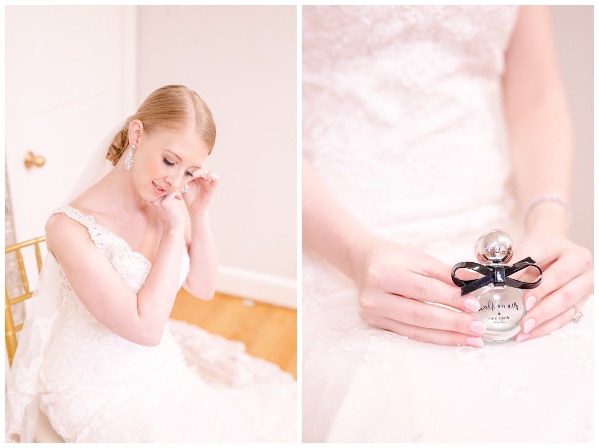 bride putting earrings on, bride holding bottle of perfume