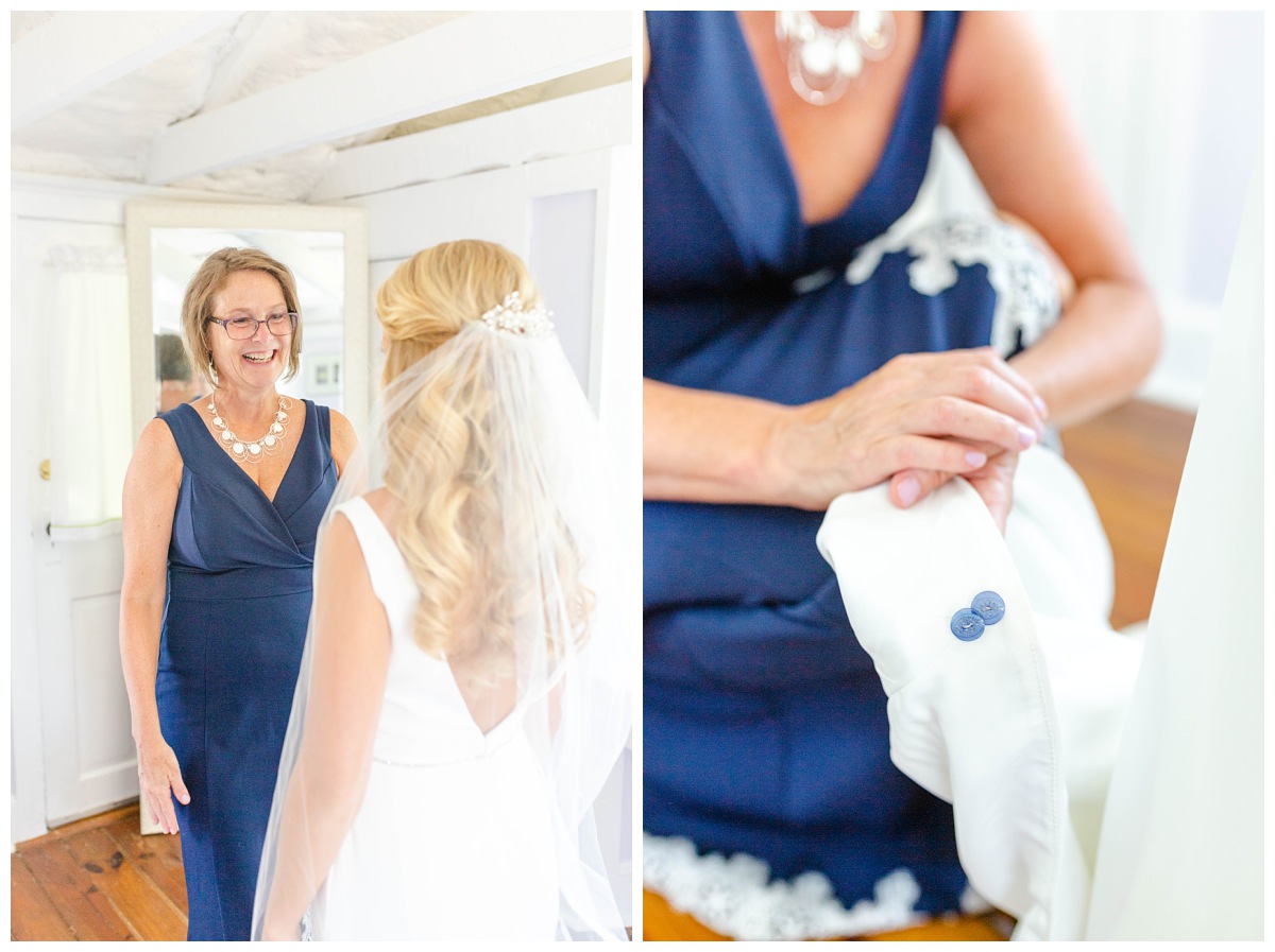 mom smiling at bride, mom holding something blue