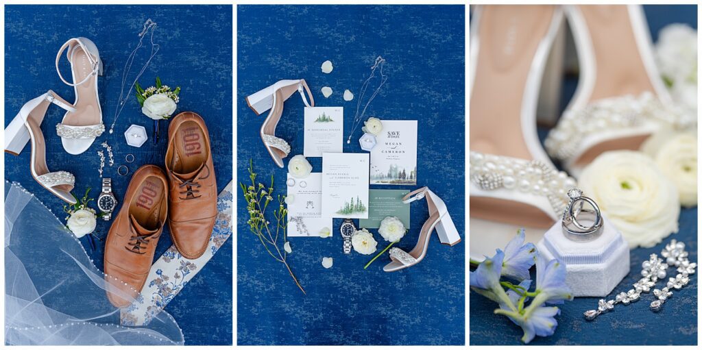 blue and white wedding details, brides shoes and invitation suite
brenwood lake wedding