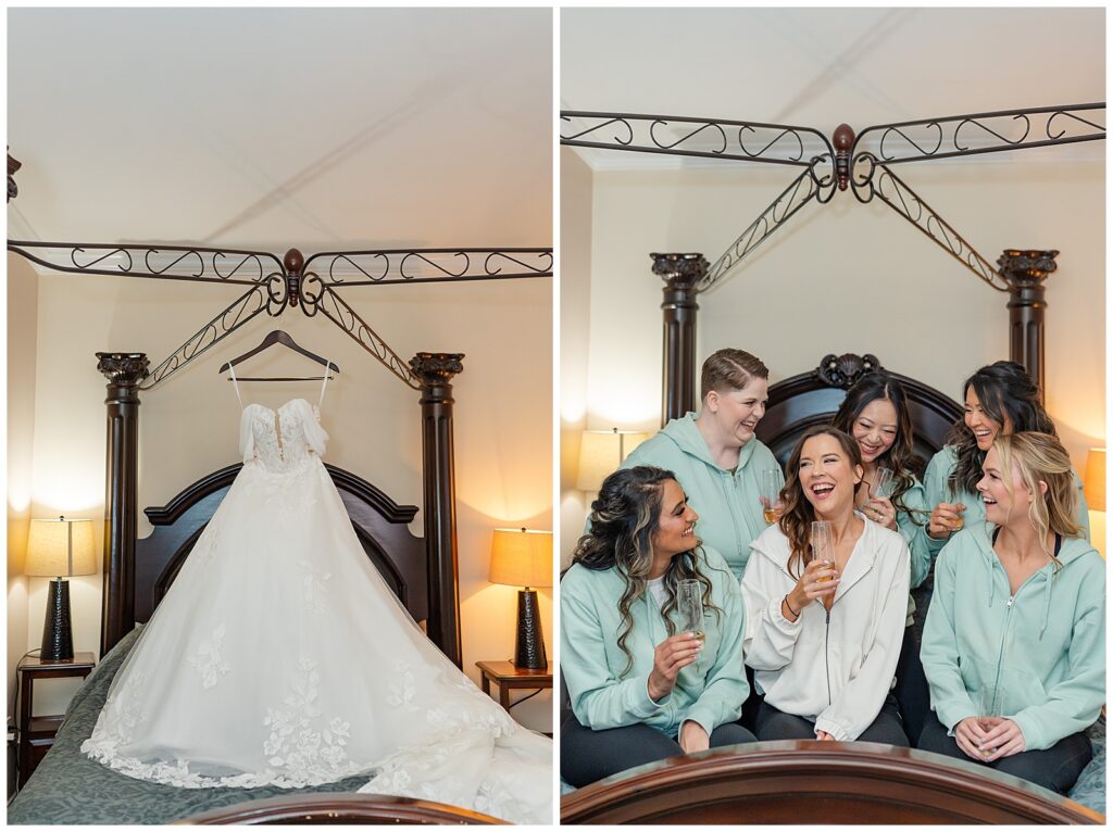 wedding dress and wedding party on bed