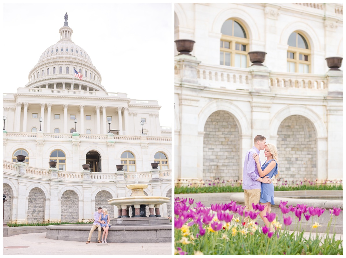 left image: couple sitting on water fountain in front of capitol building, right image: couple nuzzling in front of capitol building with tulips in foreground