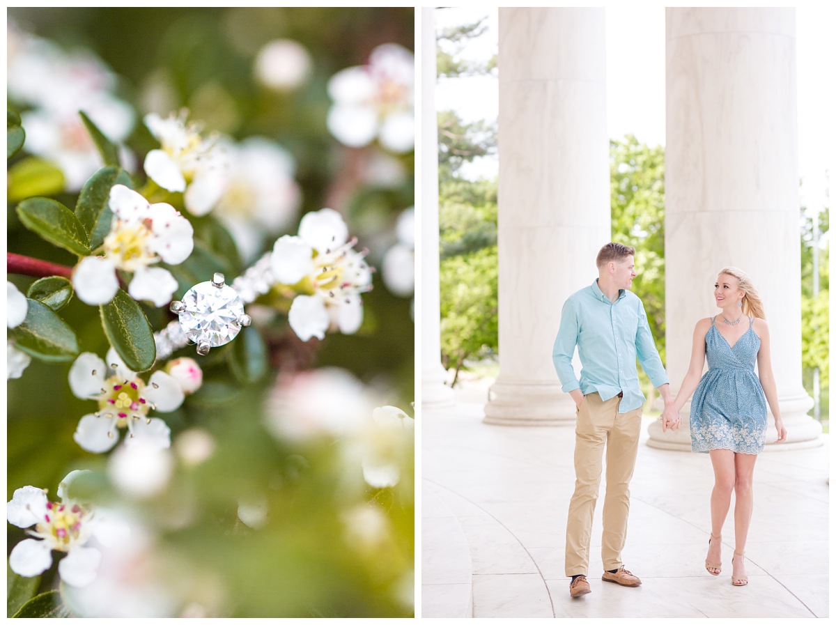 right image is couple walking in jefferson memorial with columns in background, left image is solitaire diamond ring in green and white flowers 