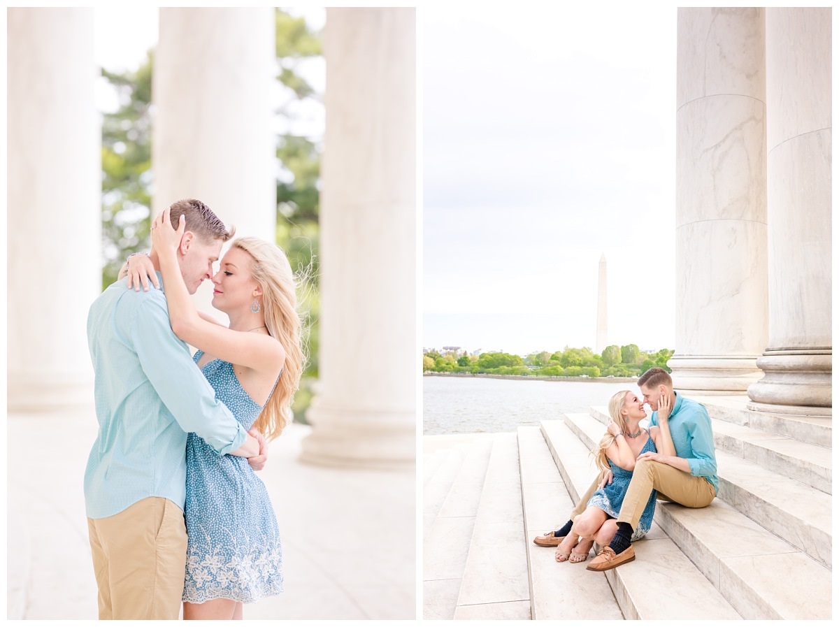 left image: girl has hands wrapped around back of guys head while they have their foreheads together in jefferson, right image: couple sitting on steps on side of jefferson with washington monument in background