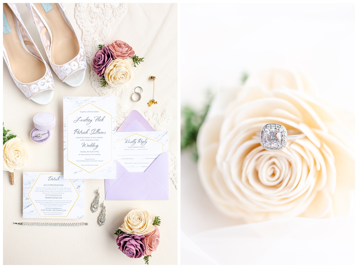 Right Image is flat lay of a purple and gold marble invitation suite, with shoes boutonnieres, corsages, wedding rings, earrings and a bracelet. Left image is an engagement ring inside of a wooden flower