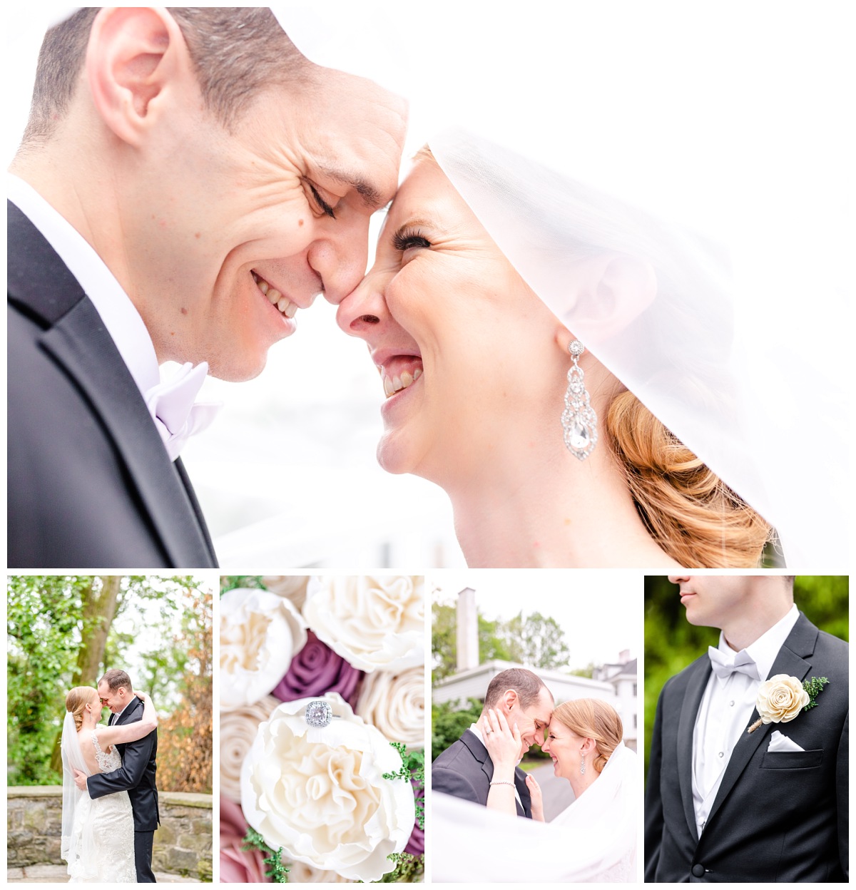 collage of bride and groom and wedding details