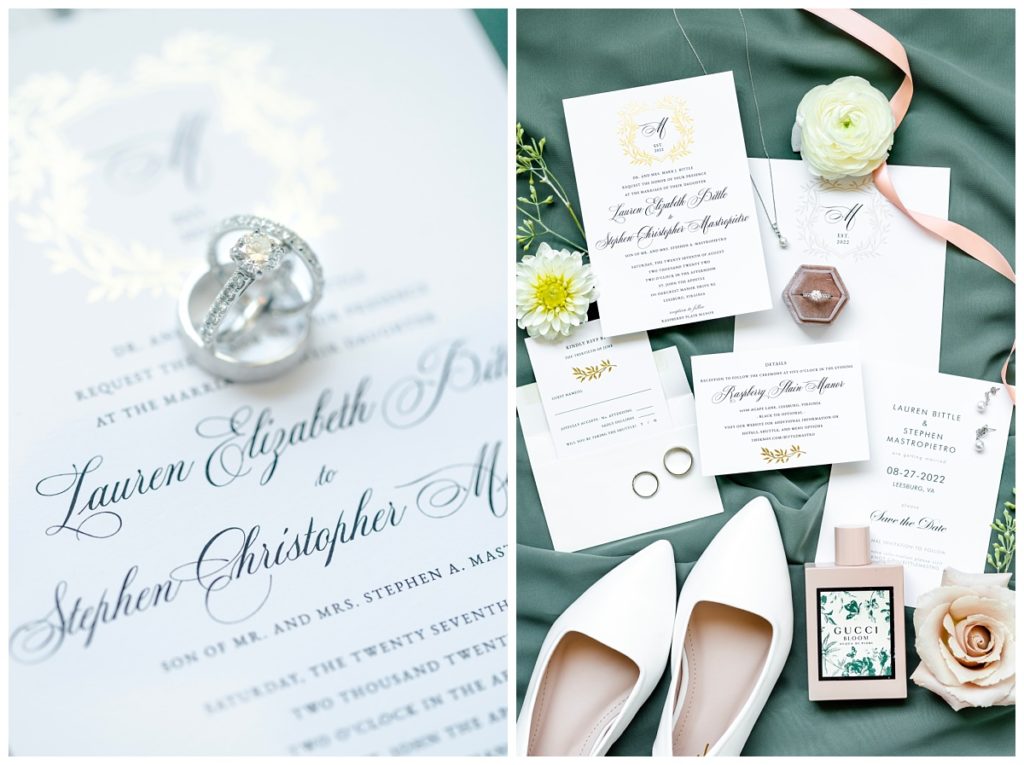 Left photo is a ring stacked on top of a white invitation, right photo is a flat lay of a large invitation suite
