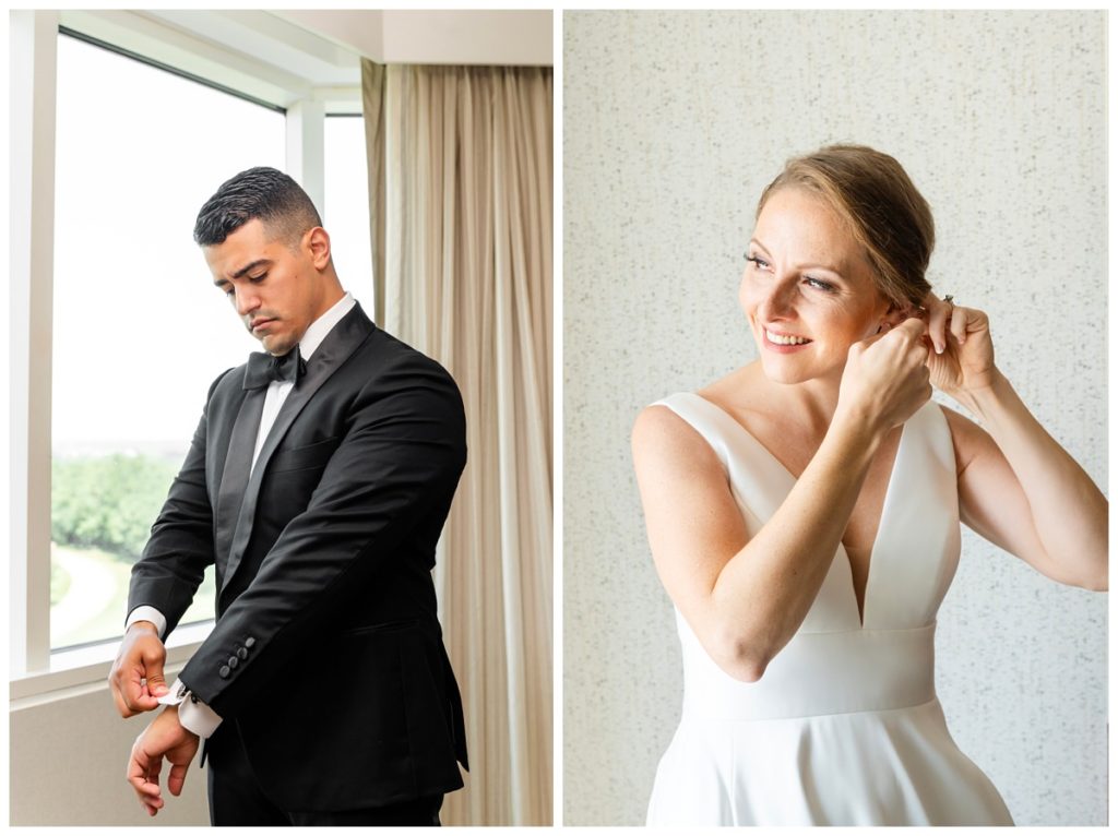 left photo: groom getting ready, right photo is bride putting earrings in