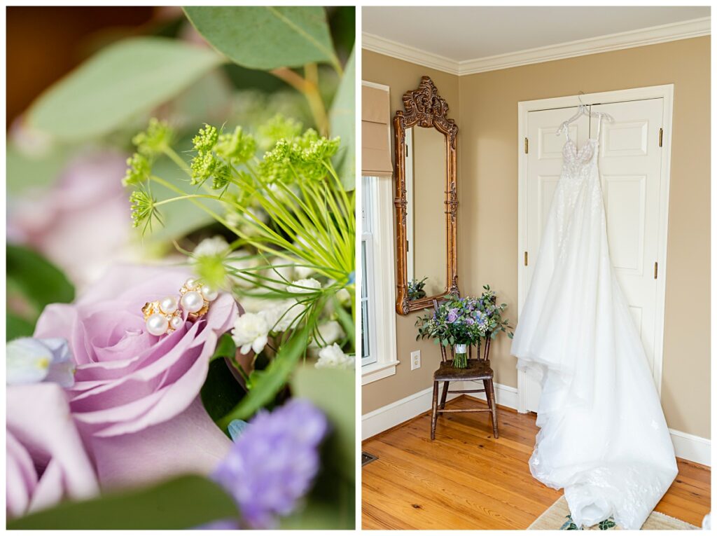 earrings in purple flowers and wedding gown hanging on closet doors
