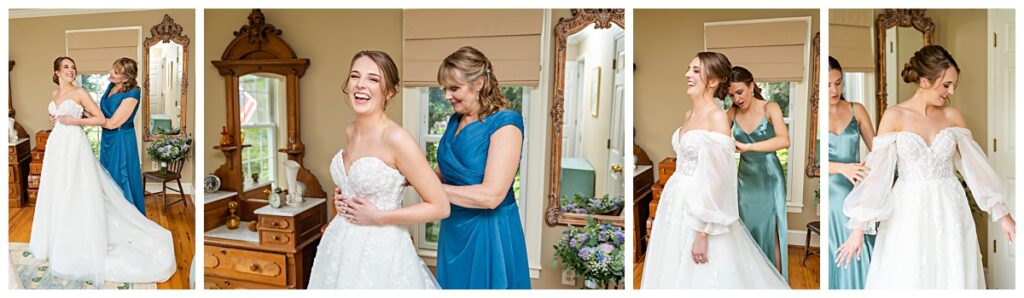 bride getting help from mom and sister putting dress on