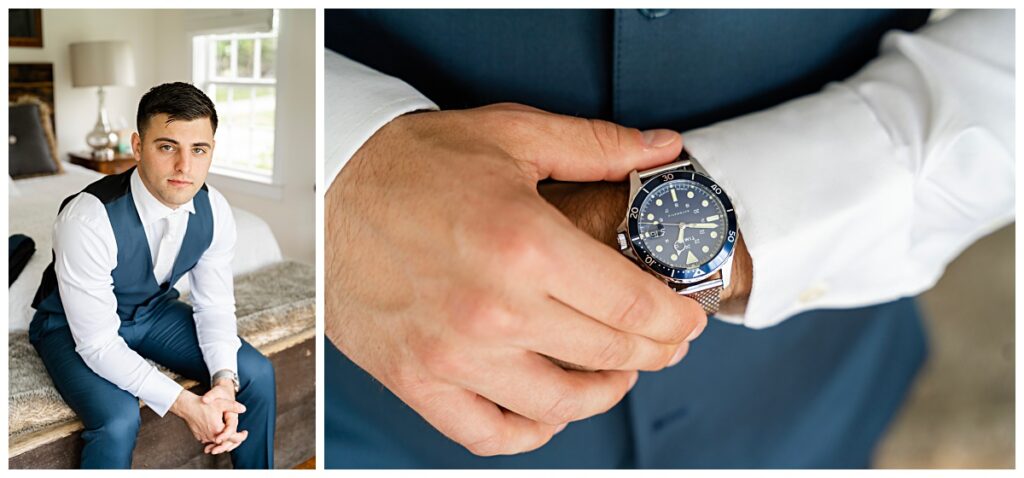 groom portraits and photo of watch on wrist
