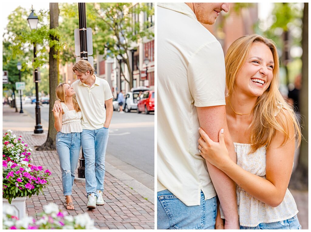 young couple celebrating their engagement in old town alexandria