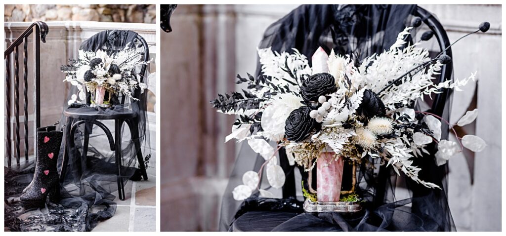 faux floral bouquet with black wood roses