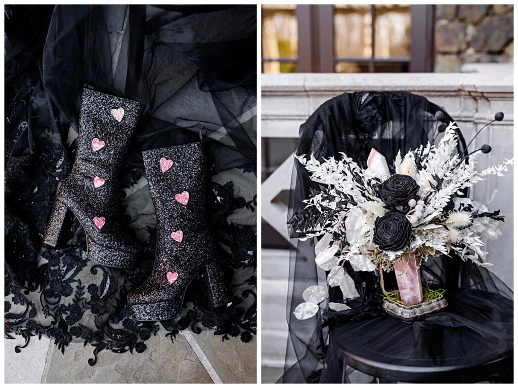 faux floral bouquet with black wood roses and sparkly black platform boots